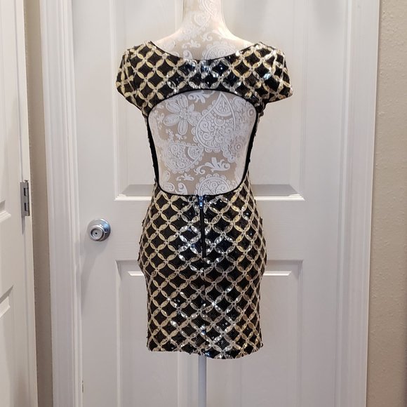 Sexy Gold & Black Sequin Mini Dress with Open Back - Picture 6 of 10